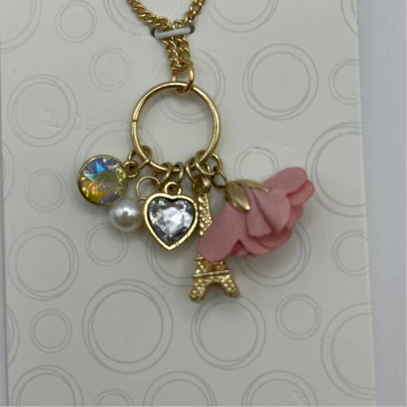 Wonder Nation Eiffel Tower & Pink Flower Pendant w/ Heart Drop Earrings Set NEW - Picture 4 of 12